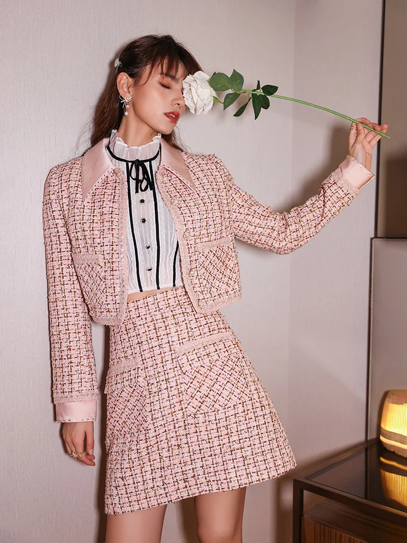 

Royal Sister Style Suit High-end Suit Skirt Autumn Elegant Tweed Short Coat Skirt Two-piece Suit J8120