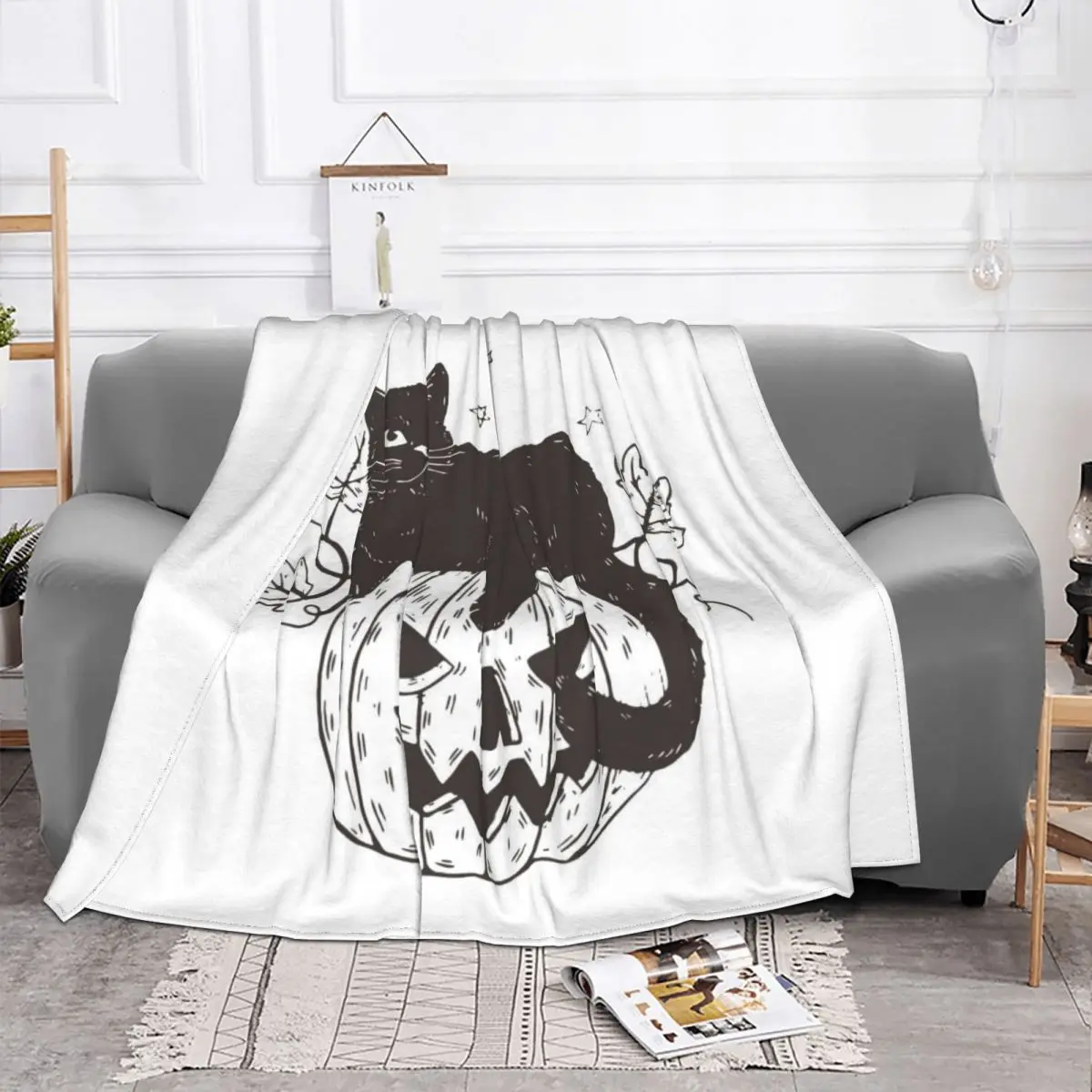 Кот с тыквой на Хэллоуин одеяла фланелевые осенне-зимние комнатные тапочки