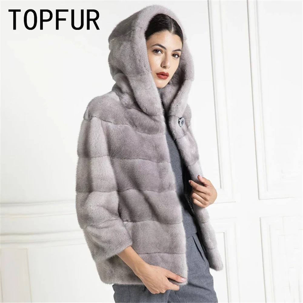 TOPFUR Genuine Leather Jacket With Fur Hooded Winter Coat Women Gray Jacket Women Plus Size Real Fur Women Mink Fur Coat