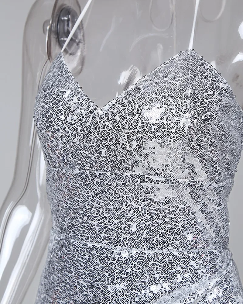

Women sexy sequins party dress Sequined Bodycon Strappy Mini Dress backless irregular silver sequin lace up dresses