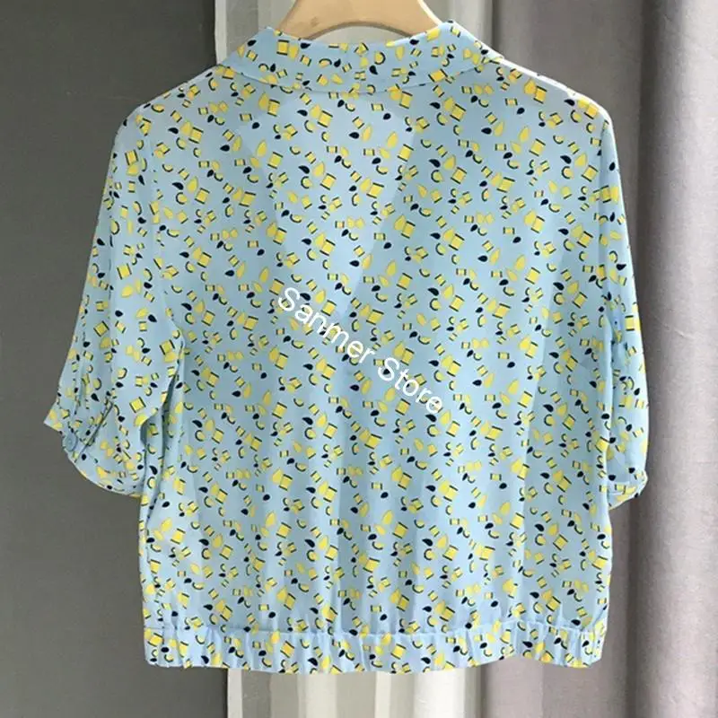 

Women Geometrical Printed Shirt 100% Silk Half Sleeve Simple Buttons V-neck Blouse Pocket Female Clothes Spring and Summer