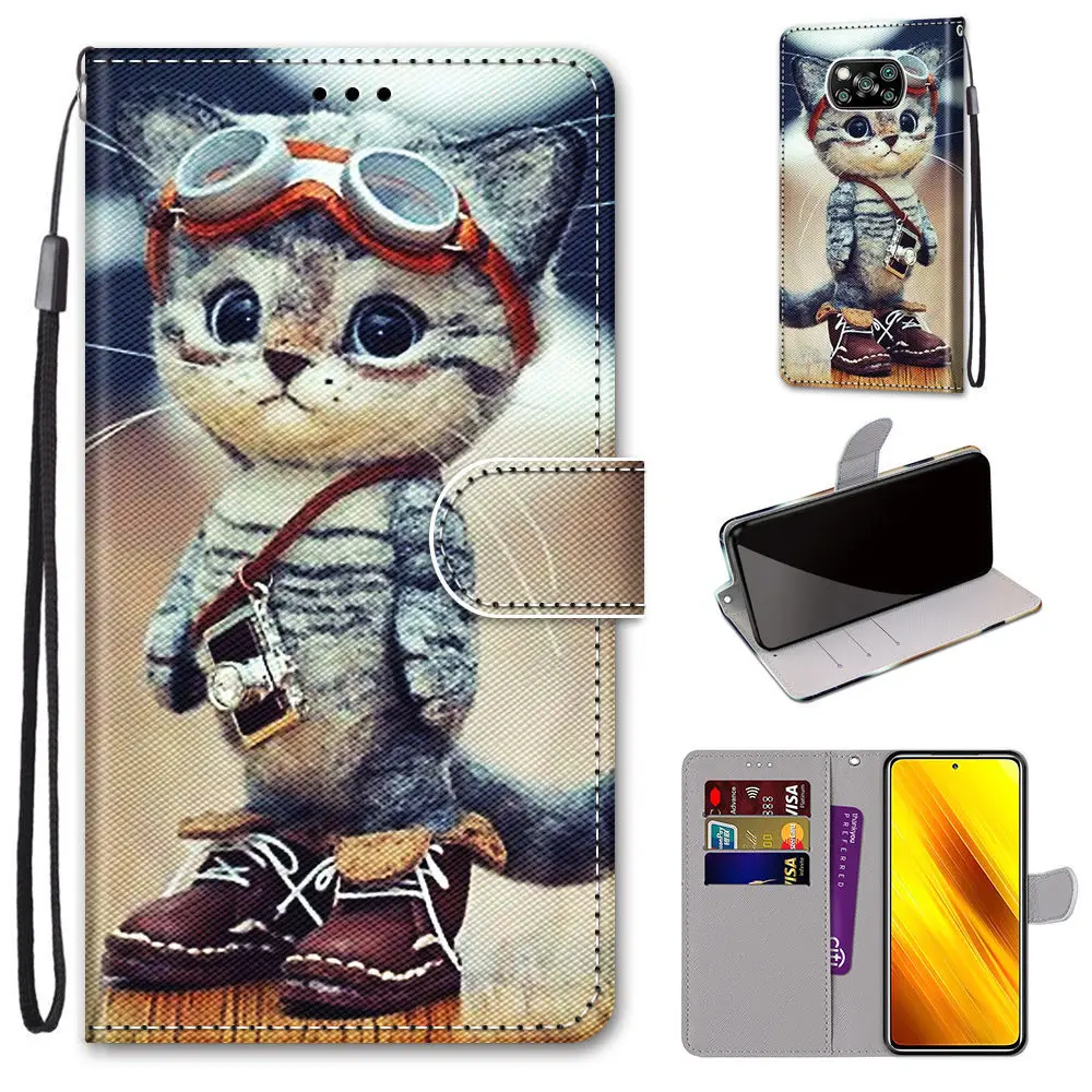 leather flip phone case for xiaomi poco x3 nfc pro m3 f3 flower cute cat painted wallet card holder stand book cover butterfly free global shipping