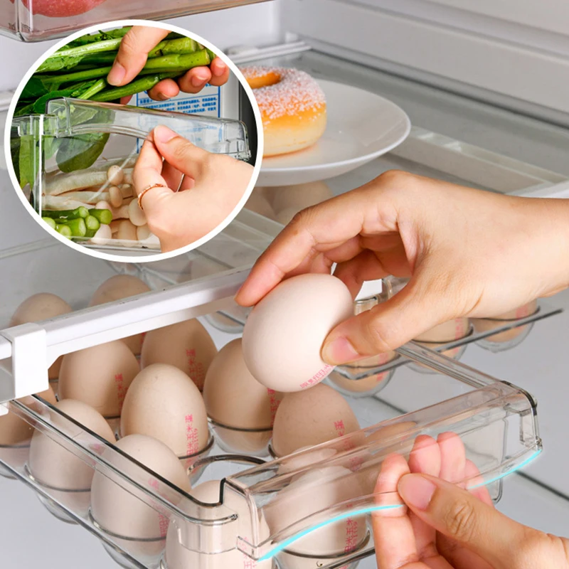

Plastic Refrigerator Storage Box Clear Egg Organizer Slide Under Shelf Drawer Box Rack Home Kitchen Fruit Food Storage Box