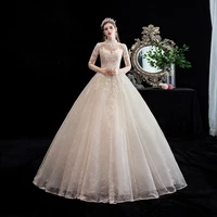 embroidery high neck wedding dress full sleeve pleat a line elegant backless floor length plus size wedding gowns for women g189