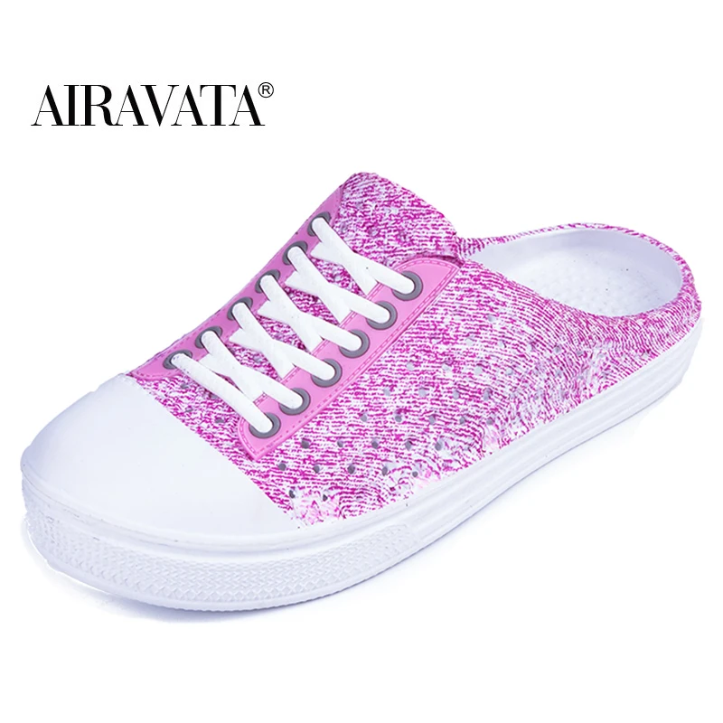 

Airavata Women Half Slippers Hole Shoes Garden Shoes Beach Flat Slip-On Sandals Slippers Summer Without Heel Canvas Casual Shoes