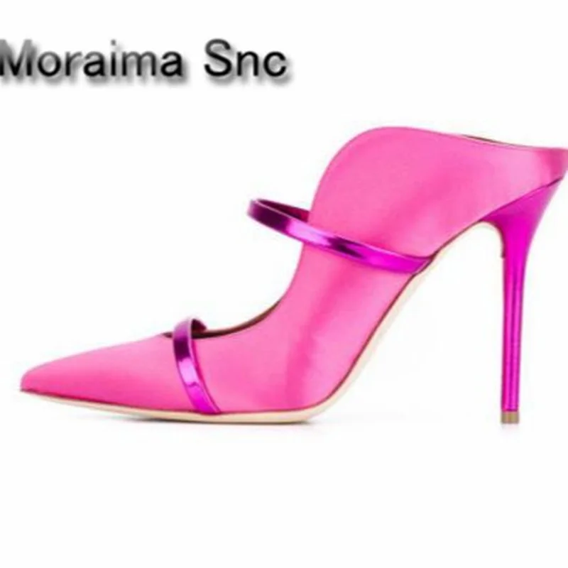 

Moraima Snc brand pantoffels dames red green black Satin sexy pumps 10 cm thin high heels slippers women stiletto heels sandals