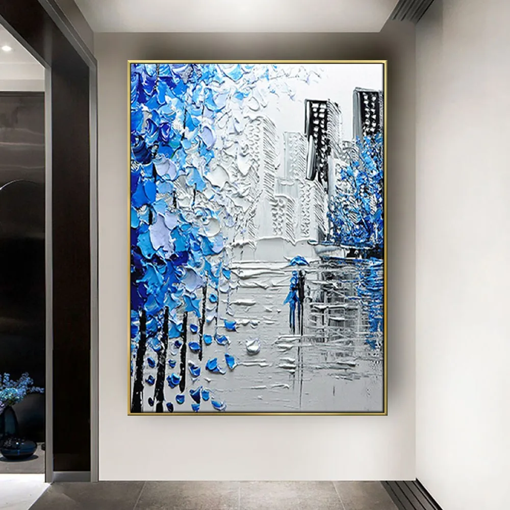 

Modern Knife Painting Blue 3D Texture Canvas Art Hand Painted Oil Painting Scraper Canvas Painting Street Landscape home Decor