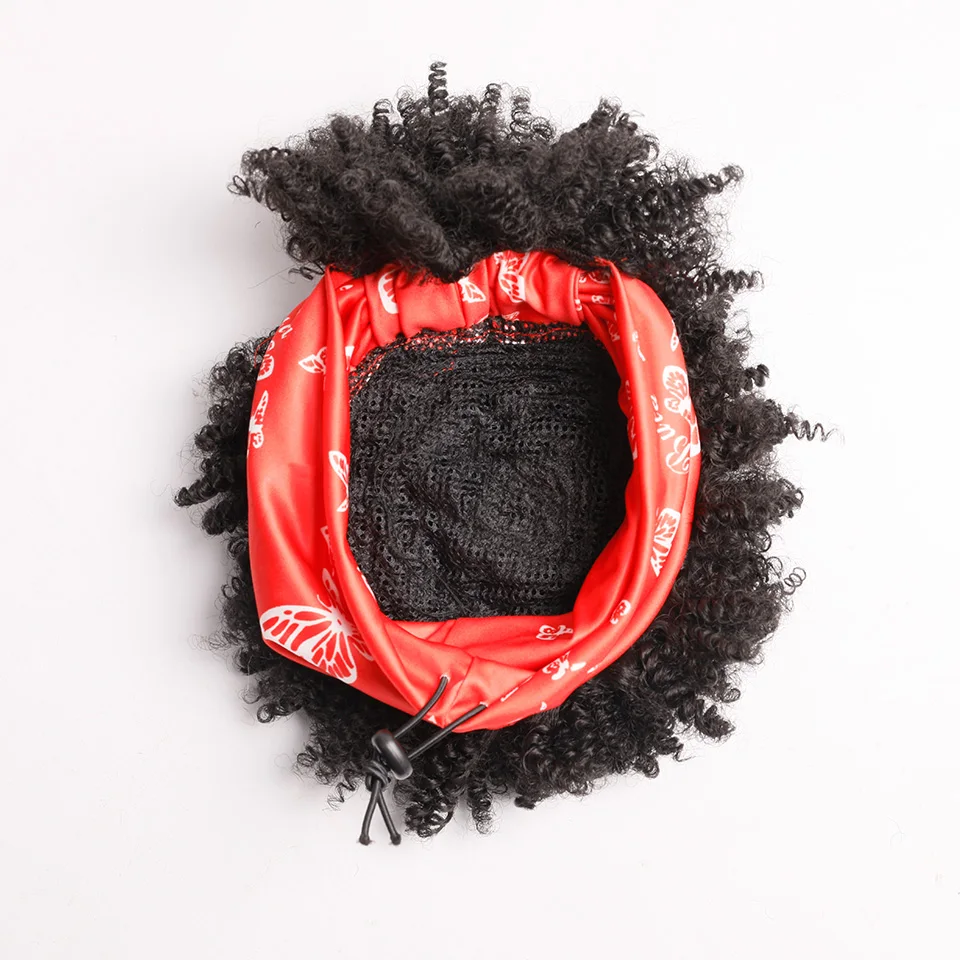 

Headband Wig with Bangs Short Afro Kinky Curly Wigs for Black Women Head Wrap Scarf Wigs 2 in 1 Synthetic Hair Bun Ponytail