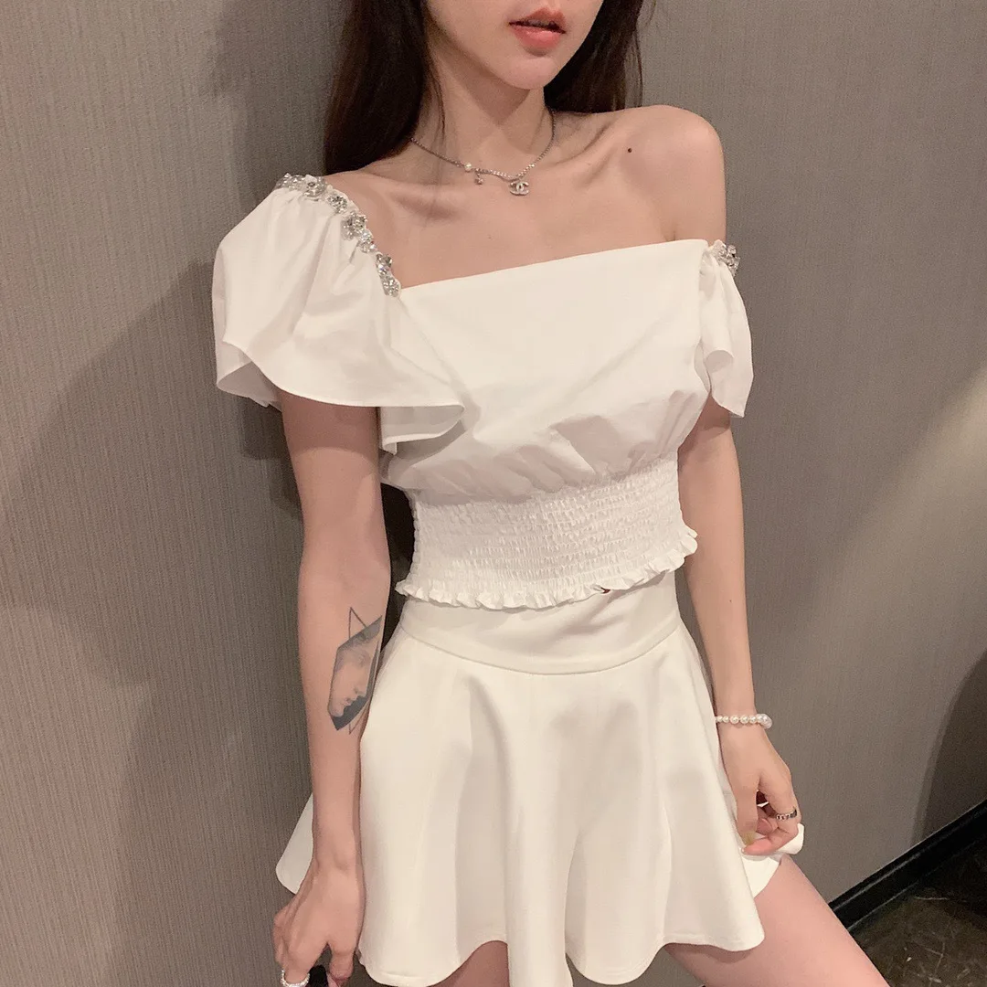 

TVVOVVIN Stylish Summer 2021 New Black Square Neck Diamonds Pleated Slim Flying Sleeve Women's Open Navel Short Tops YFN5