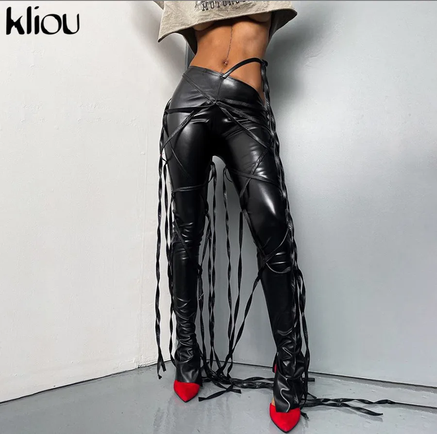 

Kliou Ribbons Faux Leather Solid Flare Pants Women Fashion Aesthetic Streetwear Side Slit Mid Waist Trousers Hot Selling
