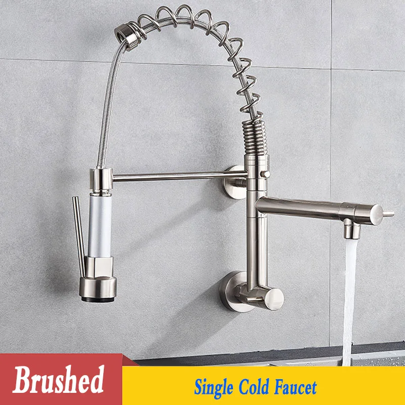 Brushed Nickel Весна ORB черный кухонный кран Pull вниз хром один холодный настенный кухонный кран 360 Вращение двойные насадки для душа краны - Цвет: Brushed Nickel
