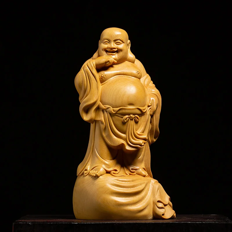 Большой живот MAITREYA статуя Будды BOXWOOD резные желтые деревянные украшения семья