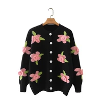 2021 fallwinter womens three dimensional flower sweater loose elegant warm knit pullover fashion top flower cardigan black