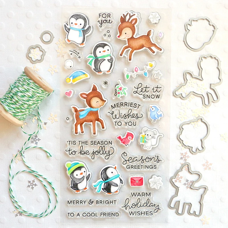 Sellos y troqueles de corte para manualidades, troqueles para &aacute;lbum de recortes en relieve, ping&uuml;ino, cervatillo, Navidad, invierno, 2021-1