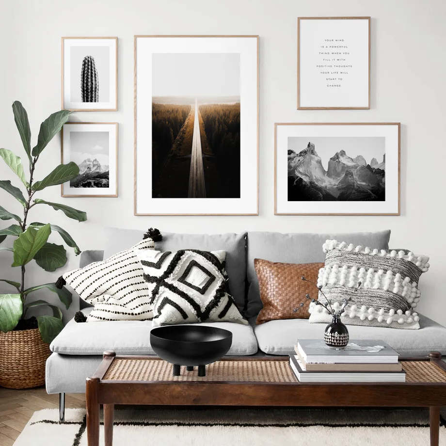 Горная дорога автомобиль кактус растительный лист Цитата скандинавские плакаты