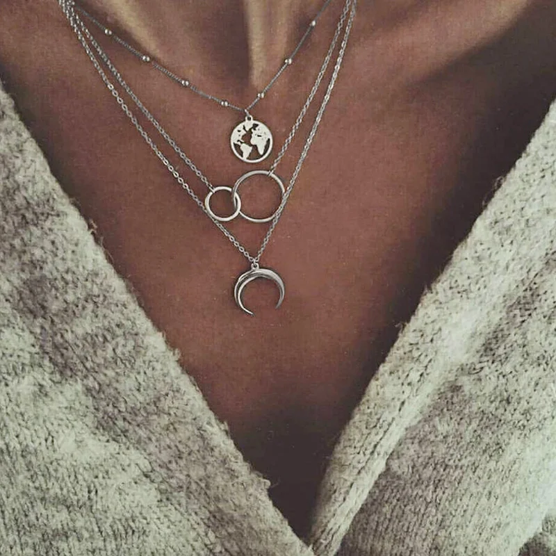 Женская мода Луна карта мира круг кулон многослойное серебряное ожерелье