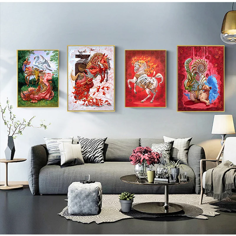 Королевский Красный Белый бегущий лошадь Лебеди олень Мультяшные плакаты