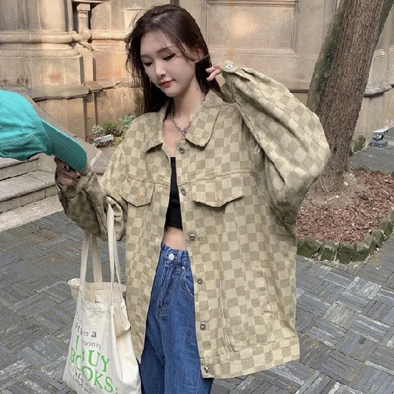 Женская клетчатая куртка Ulzzang милые весенне-осенние пальто в стиле ретро с