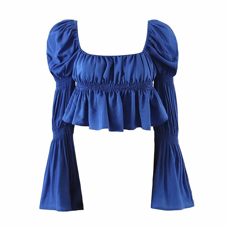 

MosiMolly 2021 Summer Square Neck Blouses Shirt Tops Women Ruffle Cropped Shirt Tops Lantern Sleeve Female Blusas