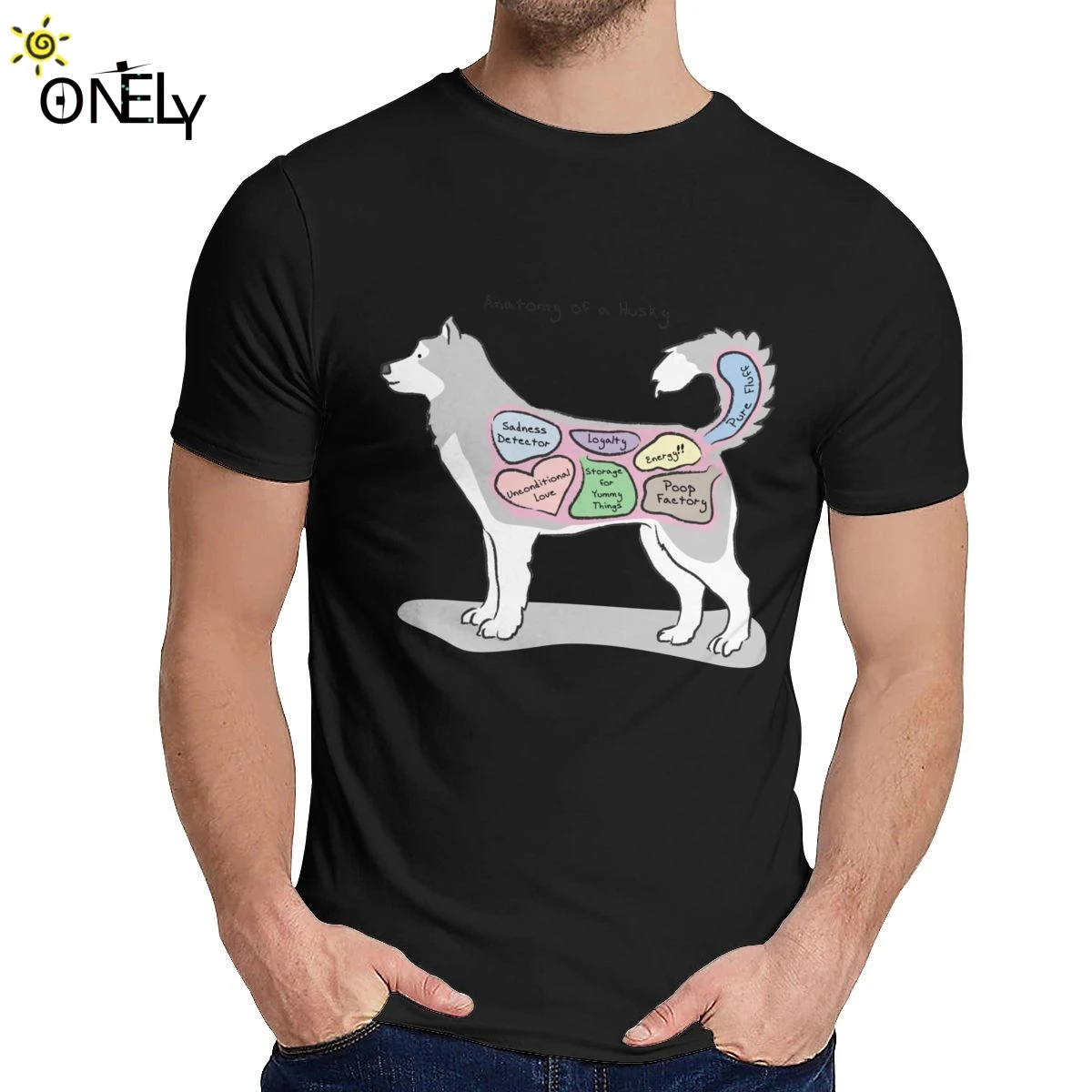 Мужская футболка с рисунком анатомии хаски мягкая коротким рукавом и круглым