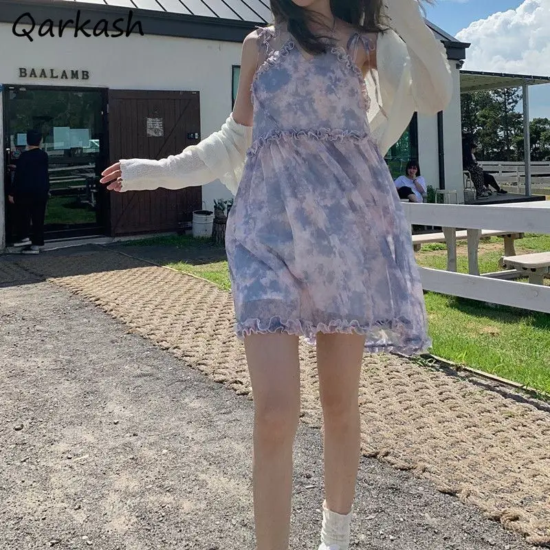 

Dress Women Mini A-line Tie Dye Edible Tree Fungus Maiden Fairy Summer Thin Female Fashion All-match Holiday Hipster Retro Chic