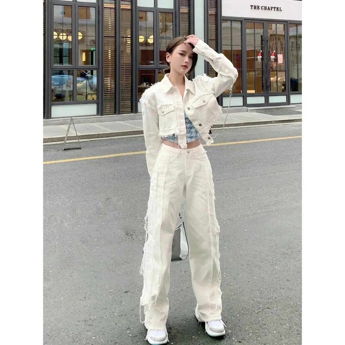 

Jeans Female2021 Spring New Fringed Turn Down Collar Stitching Pants Harajuku Loose High Waist Denim Clothing Straight-leg Pants