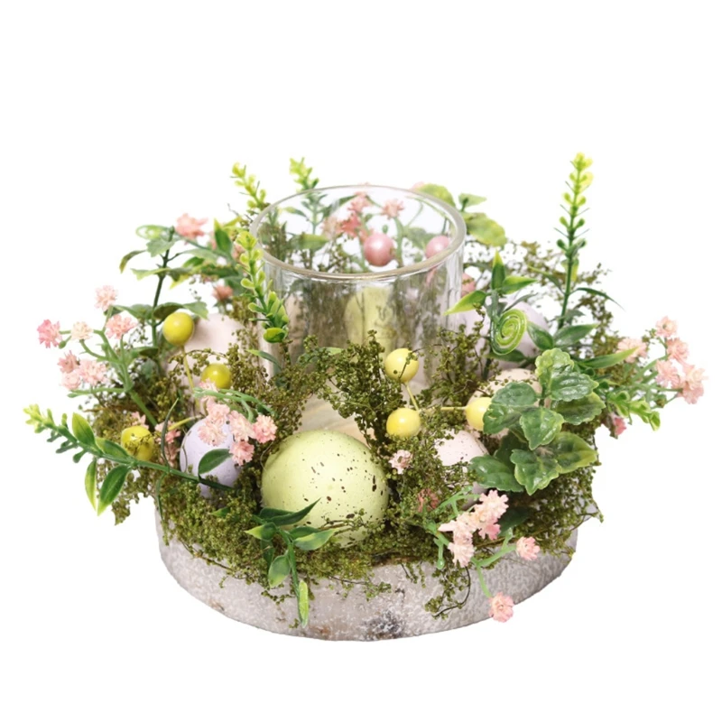 

Easter Egg Natural Plant Flower Wreath Candle Holder with Glass Cup Candlestick