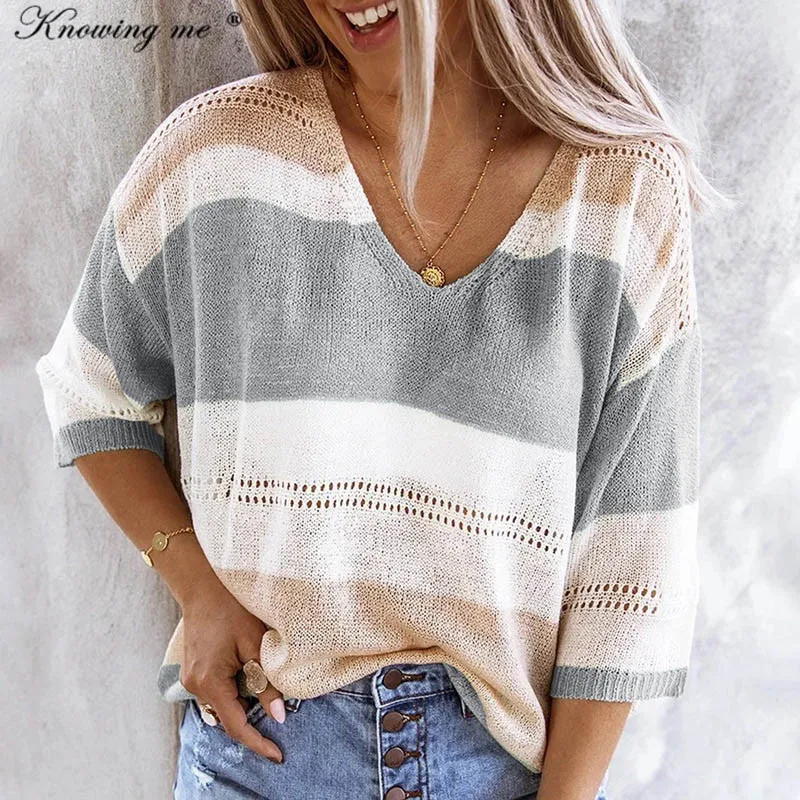 

Женский трикотажный свитер в полоску, с V-образным вырезом и полурукавом