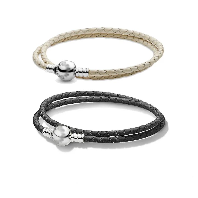 

Black Ivory Double Loop Braided Leather Leather Cord Bracelet Silver 925 Luxury Brand Woman Original Pendant Making Fashion Gift