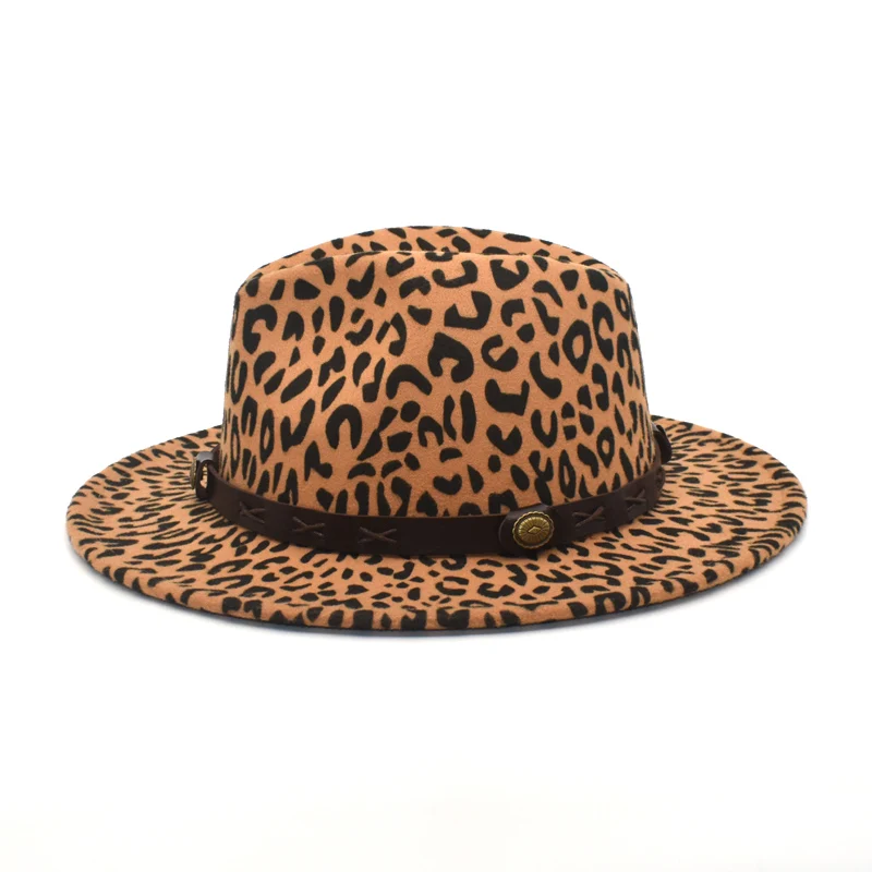 Simple Unisex Flat Brim Wool Felt Jazz Fedora Hats Men Women Leopard Grain Leather Band Decor Trilby Panamal Hats F93