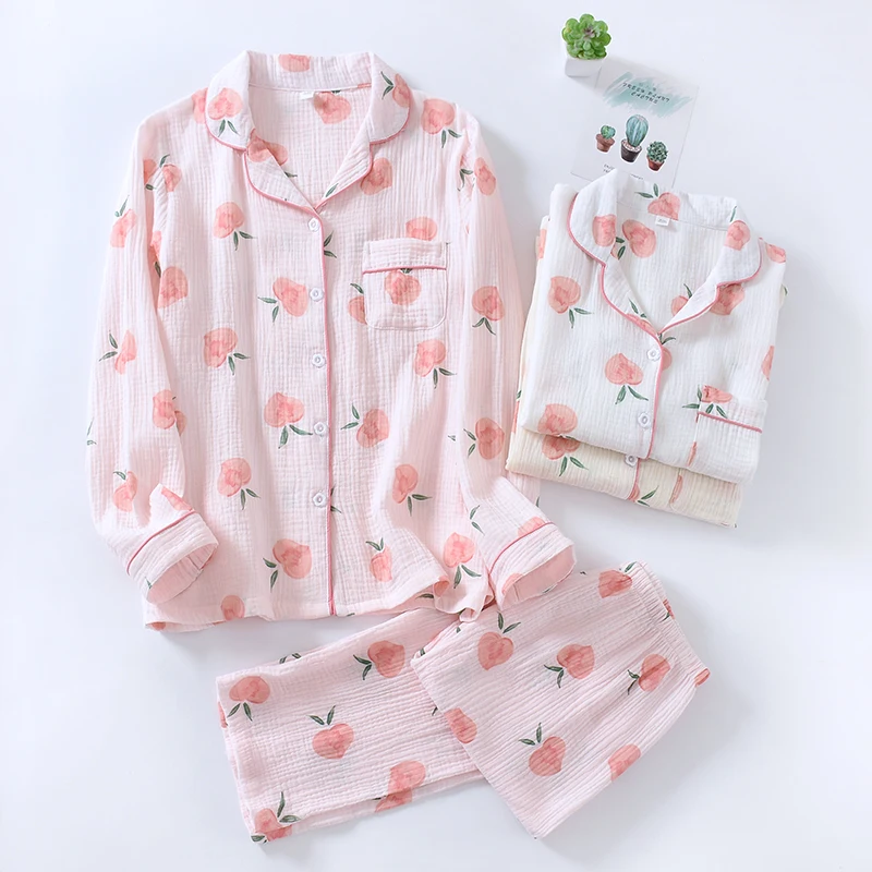 

2 Pcs Crepe Cotton Pajamas For Women Sweet Cute Peach Printed Homewear Spring Long Sleeve 100% Sleepwear Set Female Home Suit