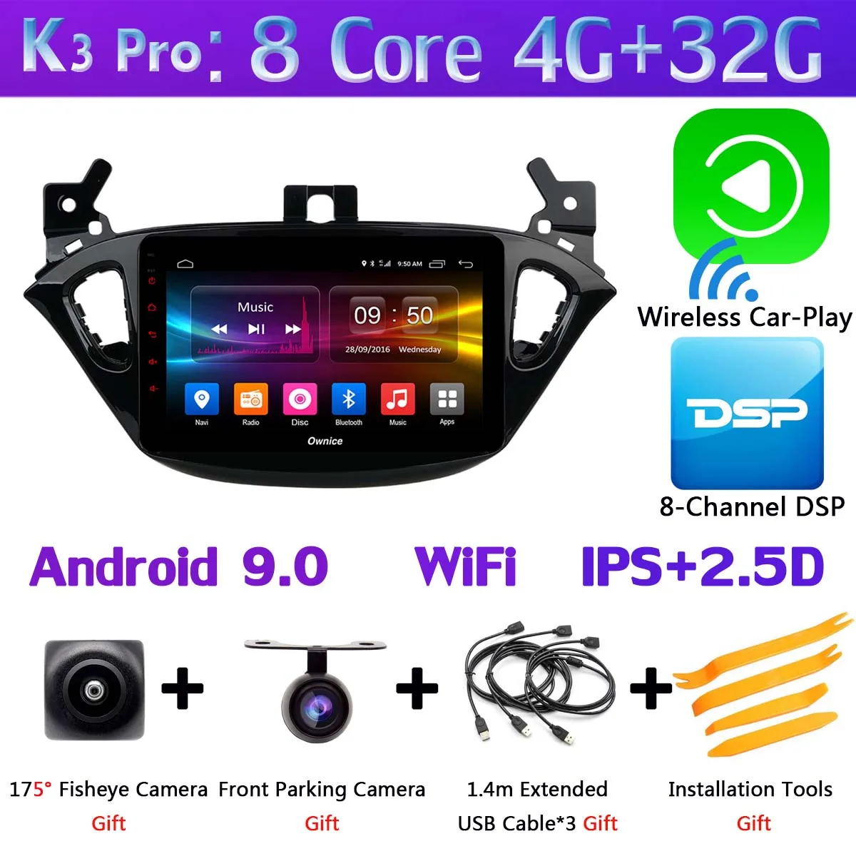 K3 Pro CarPlay 1Din 360 ° 4 × камера 4G LTE Android 9,0 4G+ 64G gps радио CarPlay SPDIF DSP Автомобильный мультимедийный плеер для Opel Vauxhal Corsa E - Цвет: K3 Pro CarPlay