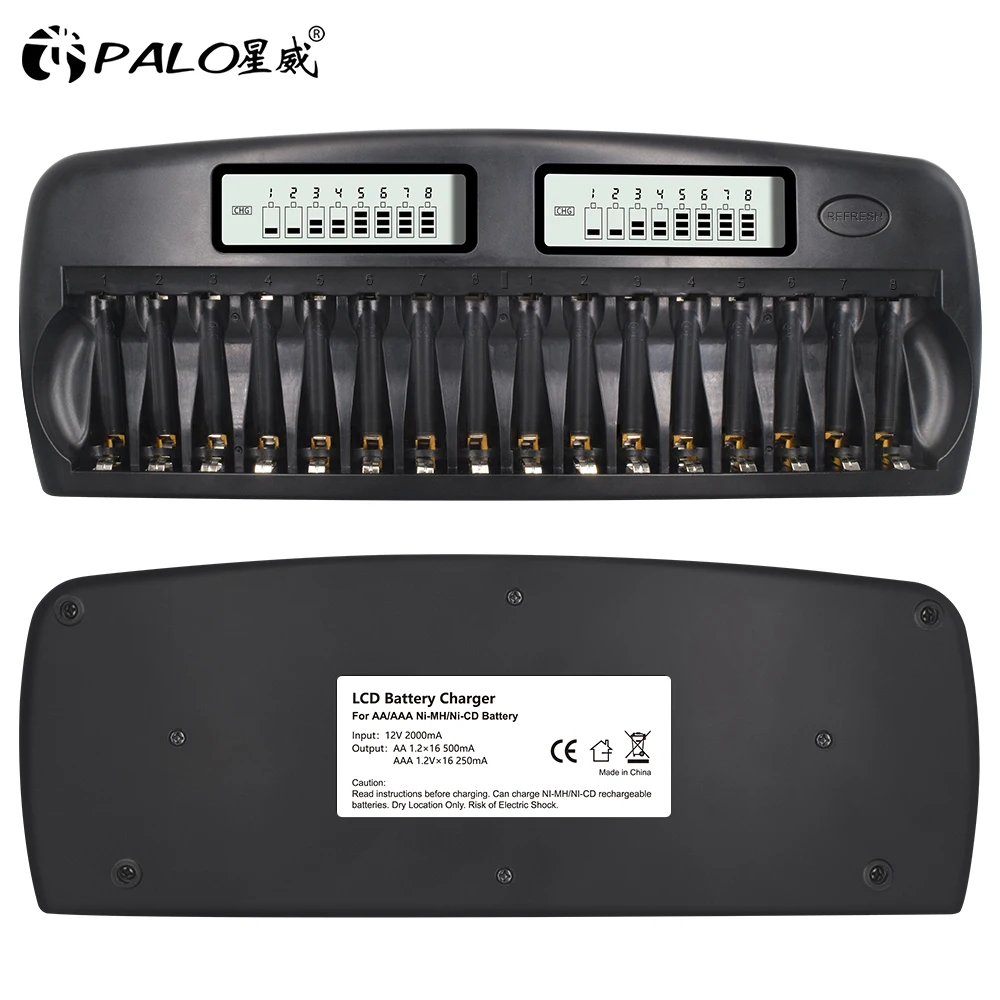 PALO 16 slot AA battery charger quick charge discharge AAA smart LCD charger for 1.2V 2A 3A aa aaa rechargeable battery charger
