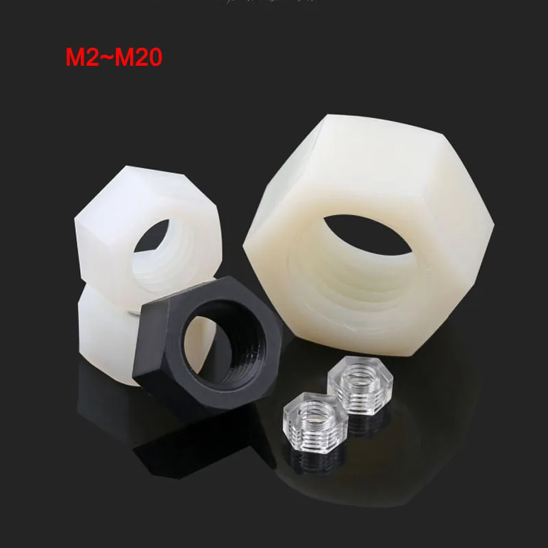 

Новые Нейлоновые прозрачные/черные/белые шестигранные гайки DIN934, пластиковые шестигранные гайки для болтов M2 M2 M2, 5 M3 M4 M5 M6 M8 M10 M12 M14 M16 M18 M20