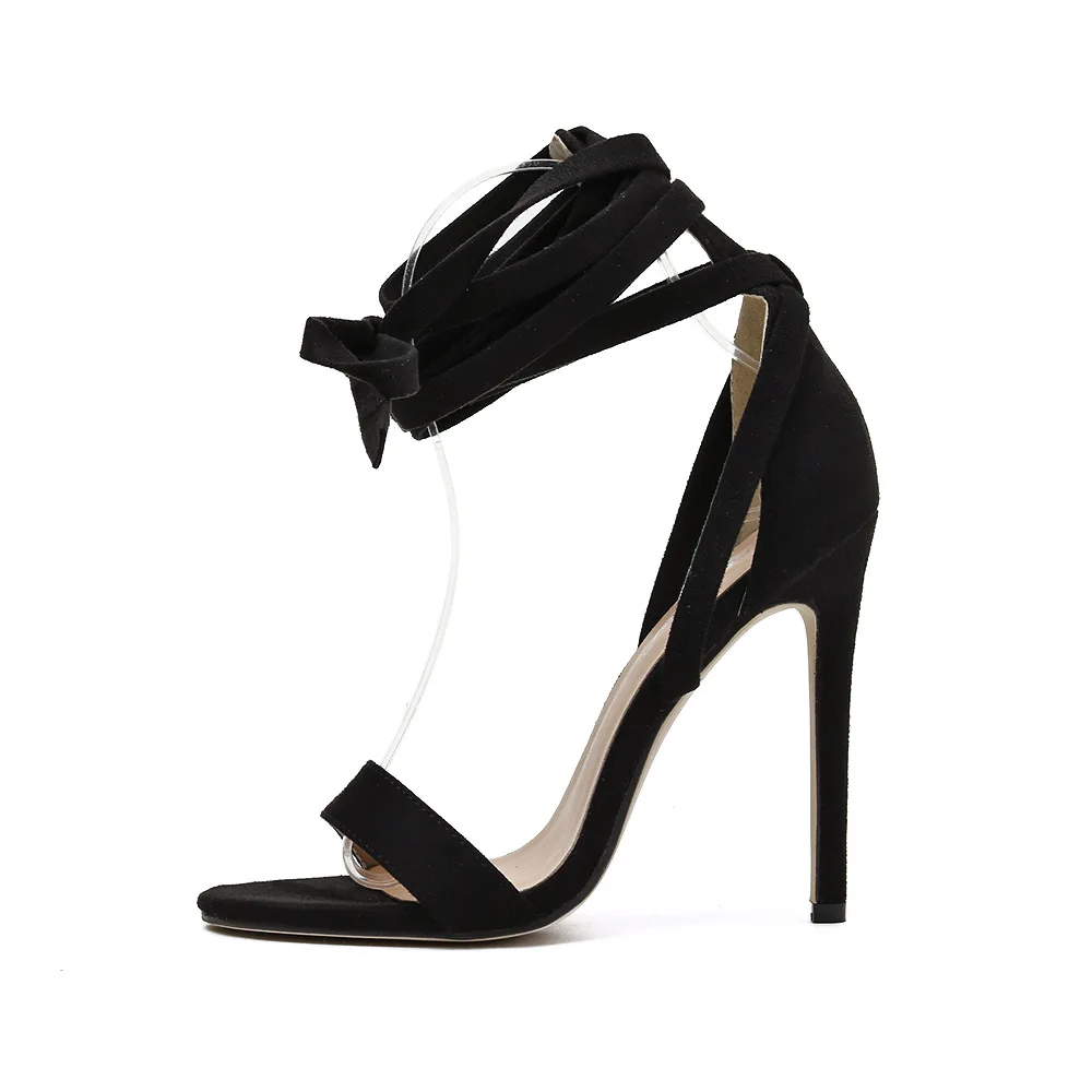 

Female Sandal Cross Ankle Strap Black Shoes for Women Large Size Strappy Heels Open Toe Cross-Shoes Girls Beige Big Velvet Close