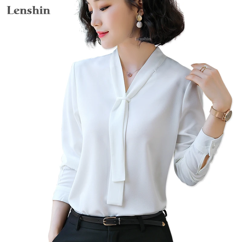 Lenshin Tie Shirts for Women Soft and Comfortable Blouse with Bow Work Wear Office Lady Female Tops Chemise Loose style