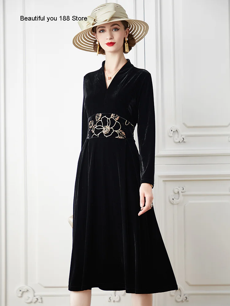 

Gold velvet dress autumn and winter 2020 new women's V-neck elegant over-the-knee dress elegant noble Western style dress
