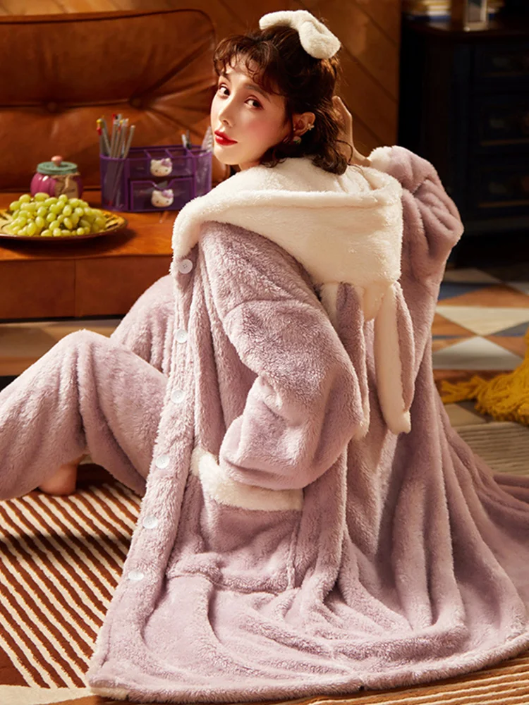 Pajamas Women's Spring, Autumn and Winter Coral Fleece Thickened Sweet Cute Suit Nightgown Flannel Home Wear Can Be Worn outside