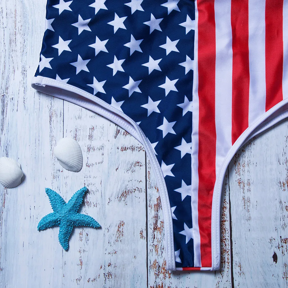 

Swimwear Women One Piece Swimsuit American Flag Loose 4th Of July deep v-neck Bodysuit Beach Swimwear Padded Monokini Bikini