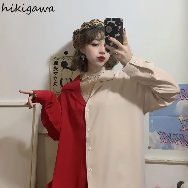 

Hikigawa Blusas Mujer De Moda 2021 Contrast Color Patchwork Harajuku Blouses Women Korean Streetwear Fashion Loose Tops Femme