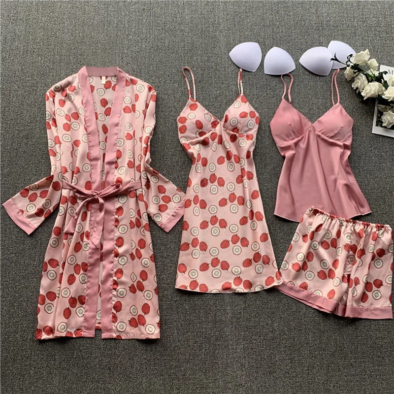 2021 Spring Autumn Women Silk Pajamas Sets With Chest Pads Flower Print Pijama Sleepwear 4 Pieces Spaghetti Strap Satin Pyjamas
