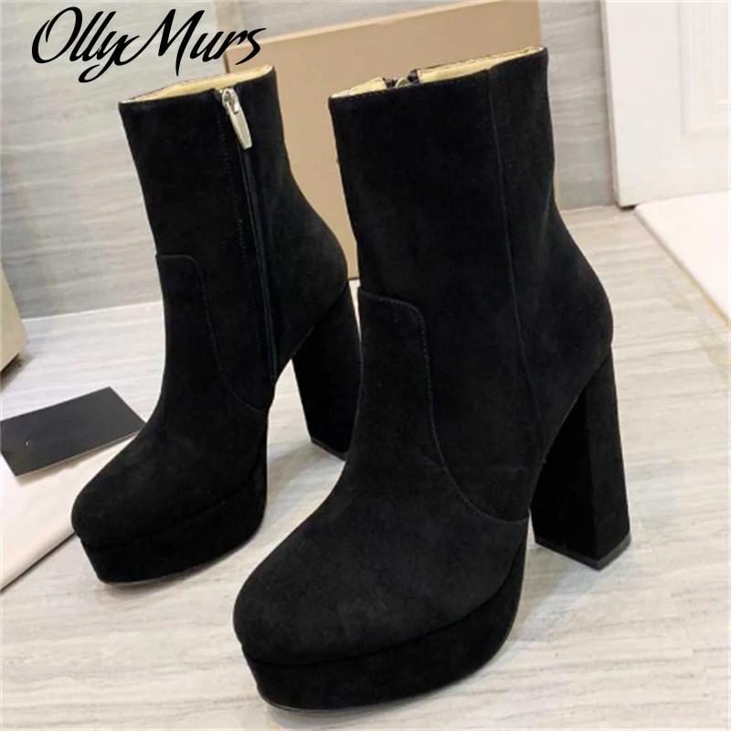 

Ollymurs Leather Super High Heel Boots Zip Thick Bottom Round Toe Solid Ankle Sexy Women Short Boots Luxury Brand Female Shoes