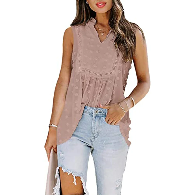 

Summer 2021 Lace Stitching Polka Dot Women Blouse Tops Bohemian Chiffon Vest Shirt Women Urban Leisure Blouse Vest Women Tops