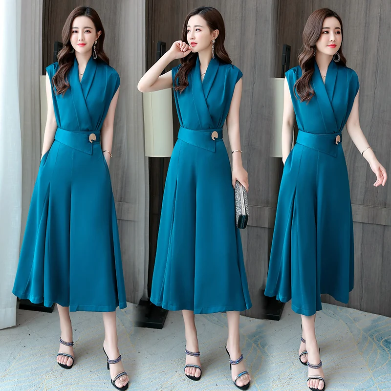 

Женский шифоновый костюм из 2 предметов, короткий свитшот с широкими штанинами и v-образным вырезом без рукавов и длинные брюки, лето