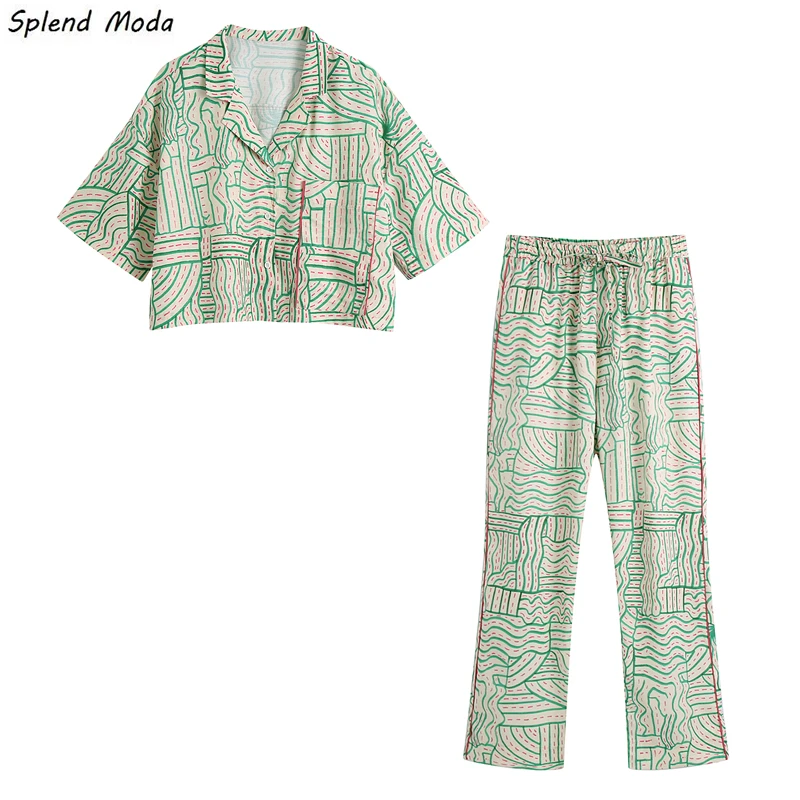 

2021 Summer New Women Vintage Printed Lapel Short-Sleeved Shirt + Elastic High-Waist Lace-Up Casual Flared Pants Loose Fashion