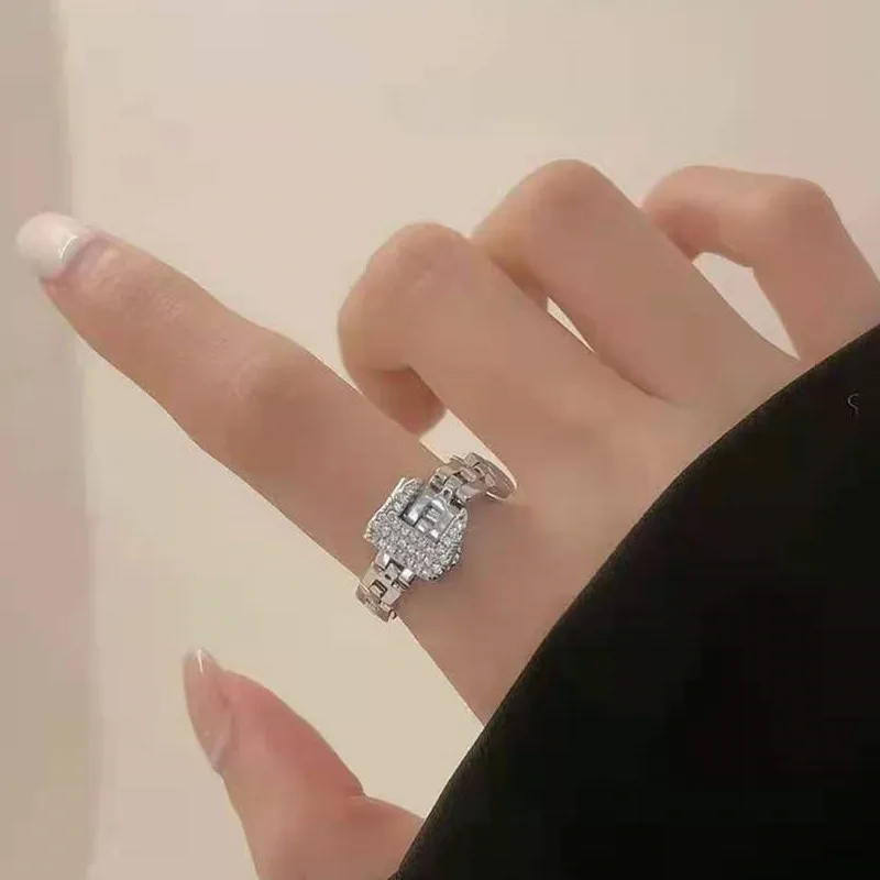 Crystal Bling Zircon Belt Buckle Rings Metal Adjustable Chain Ring Luxury Statement Finger for Women Fashion Jewelry Gifts | Украшения и