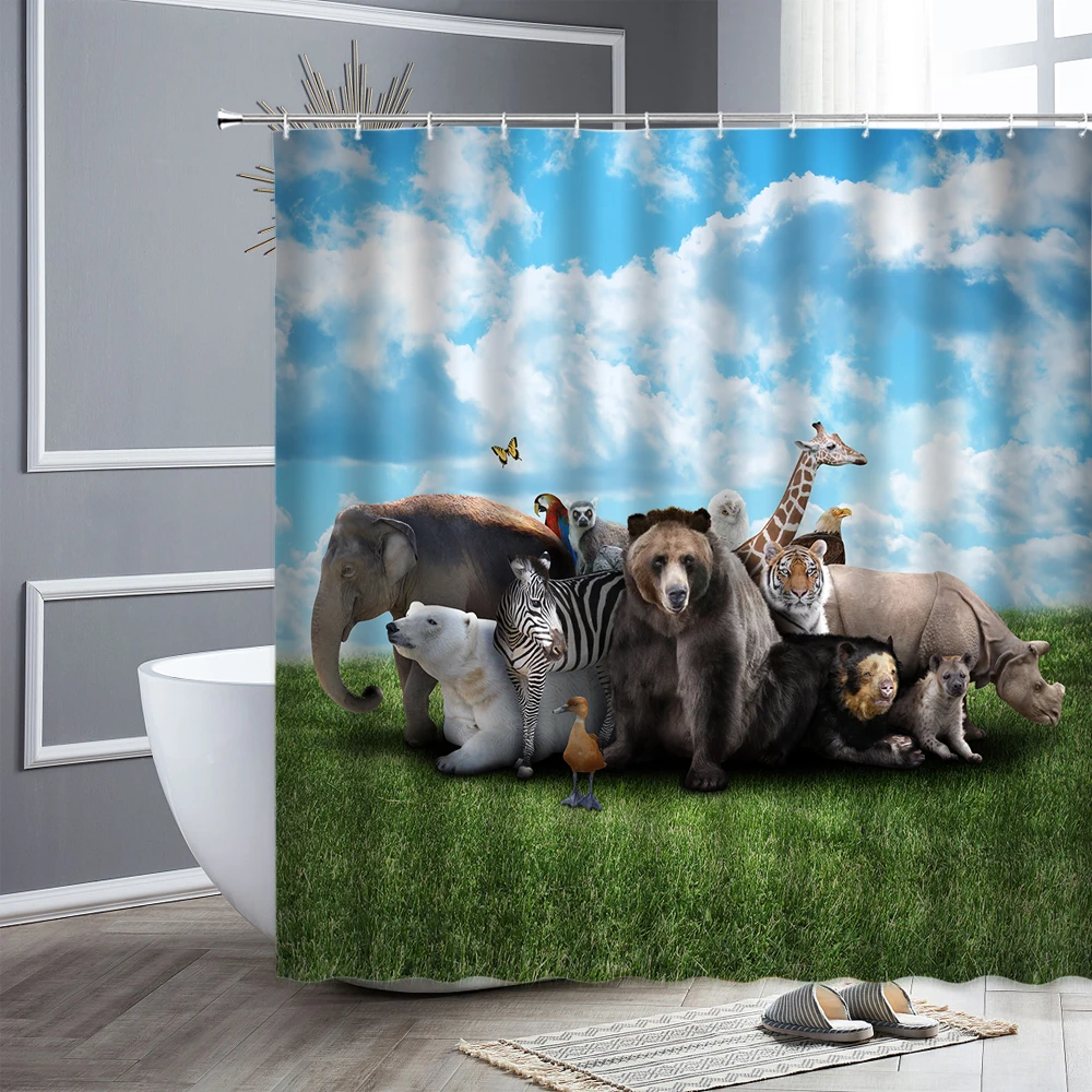 

Wild Animal World Elephant Lion Tiger Creative Bathroom Decor Waterproof Fabric Shower Curtains Bathtub Screen Bath Curtain Set