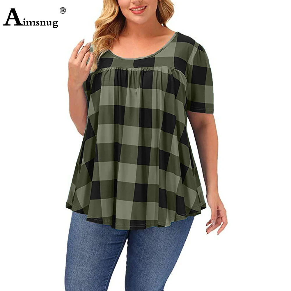 

Plus Size 4xl 5xl Ladies Elegant Leisure Casual T-shirt Short Sleeve Women's Top 2021 Summer Fashion Plaid Tees Clothing Femme