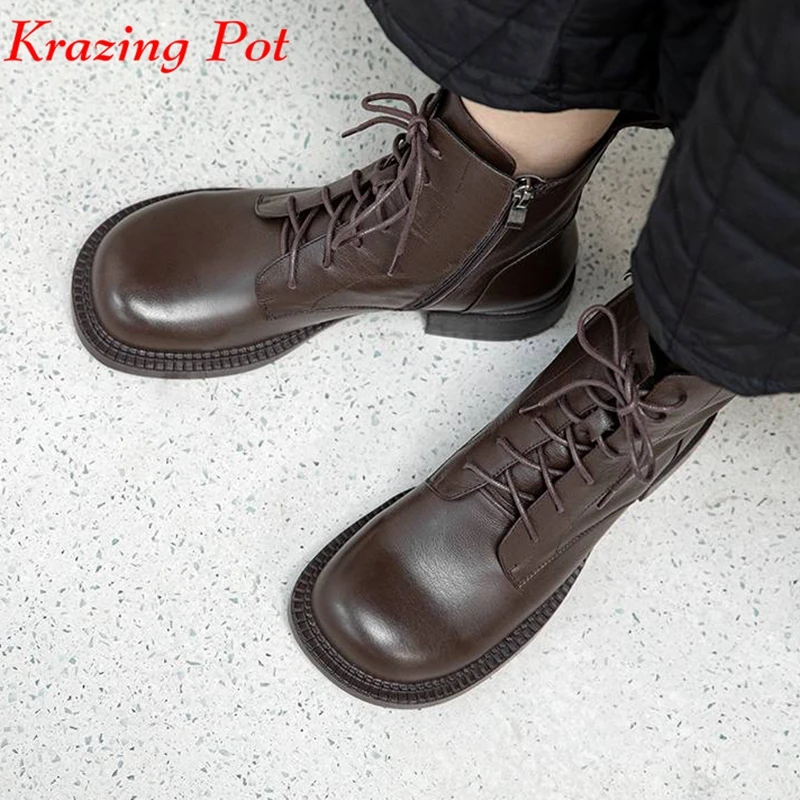 

Krazing Pot cow leather military style Chelsea boots high fashion winter keep warm lace up thick low heels vintage ankle boots