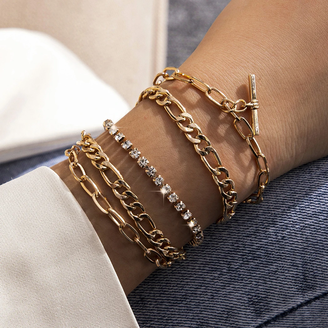 

5PCS/set Multilayer Gold Color Chain Bracelets & Bangles for Women Men Lock Chunky Bracelet Couples Boho Jewelry Gift